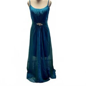 NWT Liz Fields Iridescent Chiffon Teal rhinestone Gown Dress